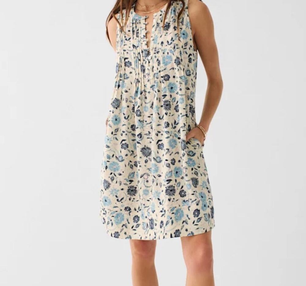 Faherty Size Large Isha Dress In Dreamer Floral White Blue Linen Blend Pleated